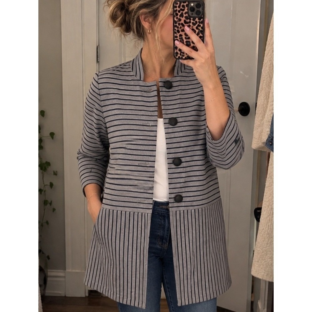 CAbi Dappled Stripe Car Coat 5474 Large Gray Blue Long Jacket Blazer